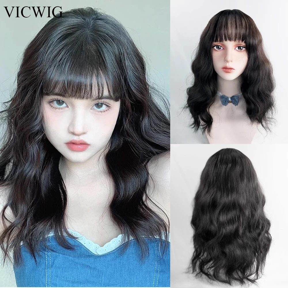 

GAKA Black Wavy Curly Synthetic Long Wigs with Bangs Lolita Cosplay Natural Women Hair Wig for Daily Party