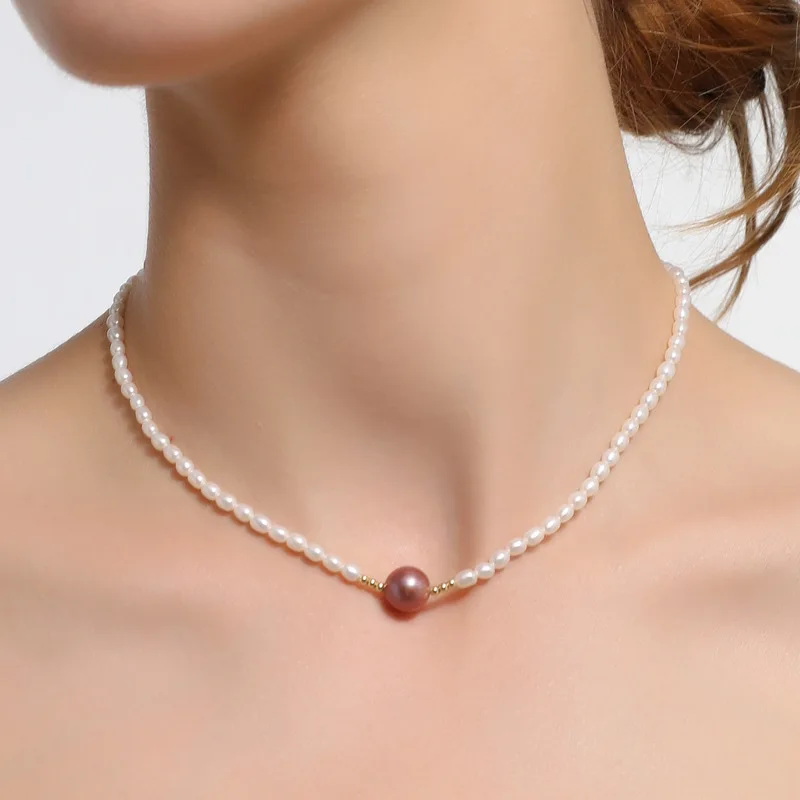 

Elegant Choker Jewelry Natural Freshwater Pearls Necklace for Women Small Rice Purple Baroque Pearl Charm Short Collar Necklace