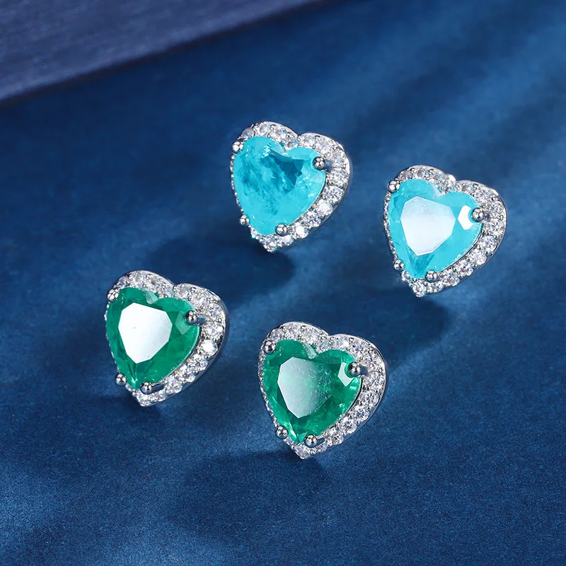 

Elegant Romantic Heart Paraiba Tourmaline S925 Silver Wedding Stud Earrings for Women Wedding Statement Trendy Jewelry