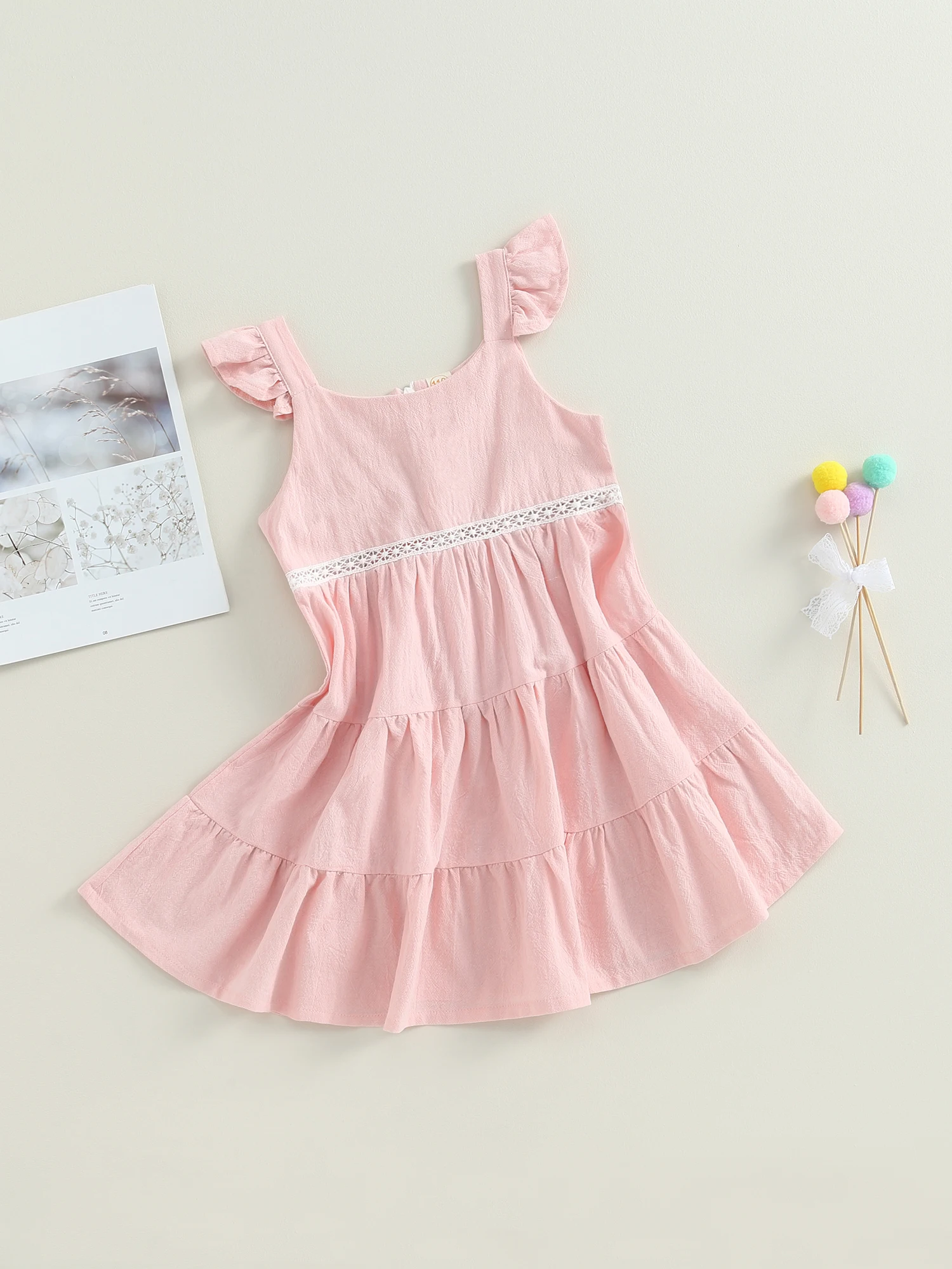 

Linen Sleeveless Dress Toddler Girl Ruffle Halter Sundress Solid Color Kids Beach Dress Summer Clothes Baby Sundress (Pink 6-7