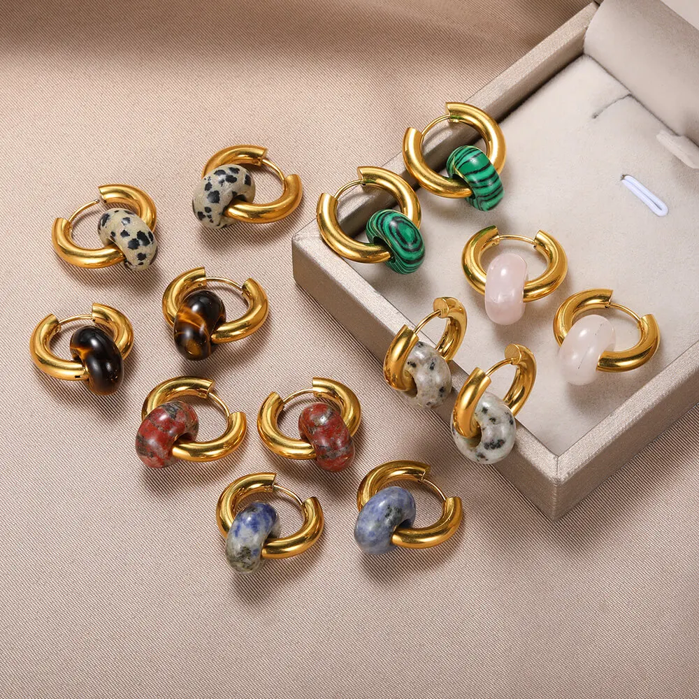 

1Pair Round Multicolor Natural Stone Hoop Earrings For Women Jewelry Boho Opal Stainless Steel Hoops Korean Earring Gifts