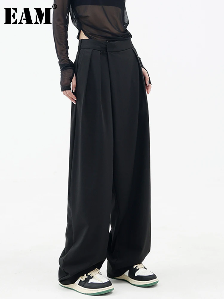 

[EAM] High Waist Black Pleated Long Wide Leg Casual Trousers New Loose Fit Pants Women Fashion Tide Spring Autumn 2022 1DE9566