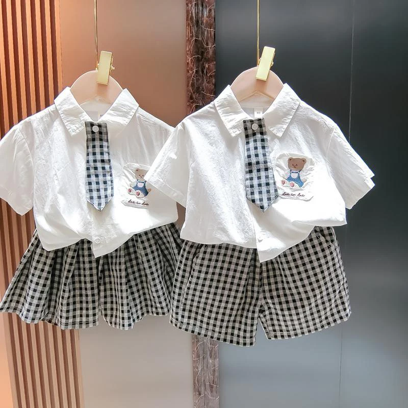 

Summer Girl Boy Clothing Sets Korean Fashion Toddler Kids Navy School Style Tees grid Shorts skirt 2pcs Children Casual Suits