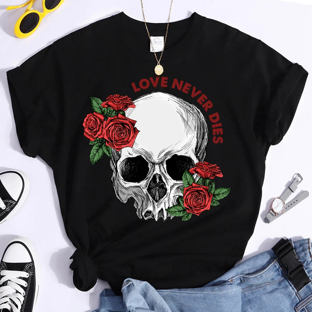 

Love Never Dies Women T-shirts Lovely 2023 Trendy Fashion Cute Lady Clothes Tops Tees Valentines Gothic Skull Rose T-Shirt