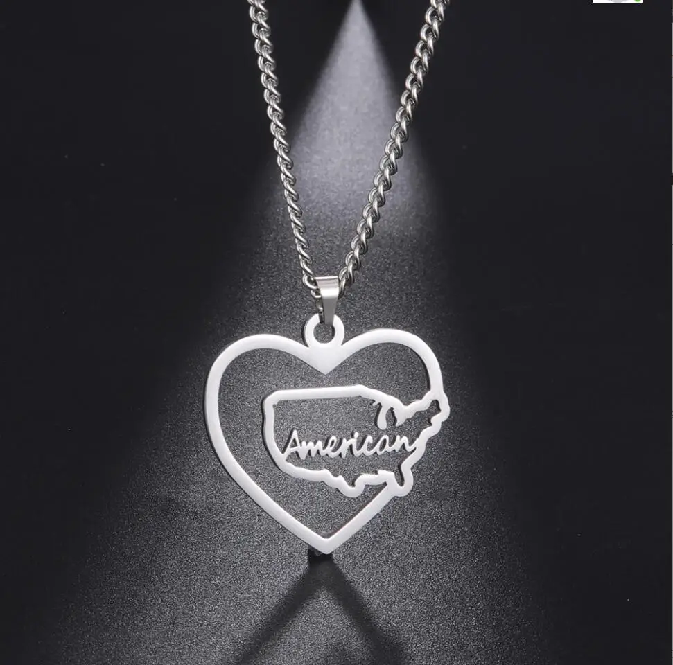 

1PC Stainless Steel Necklace For Women Men Geometric Hollow Heart American United States Map Pendant Choker Necklaces F1147