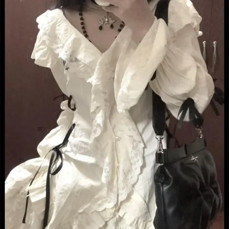 Винтажные белые рубашки с V-образным вырезом и кружевом женская летняя