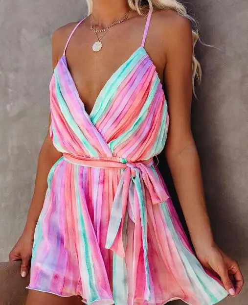 

Летнее женское платье 2023, модное милое мини-платье без рукавов радужного цвета, плиссированное платье с открытой спиной, Повседневное платье для отпуска
