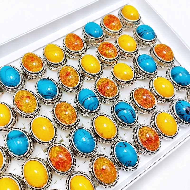 

10/20Pcs/Lot Vintage Bohemian Large Stone Rings for Men and Women Ethnic Style Yellow Blue Imitation Charm Jewelry Party Gift