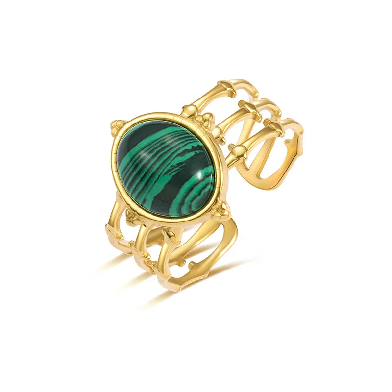 

Vintage Green Stone Rings For Women Stainless Steel Oval Natural Stone Open Adjustable Ring