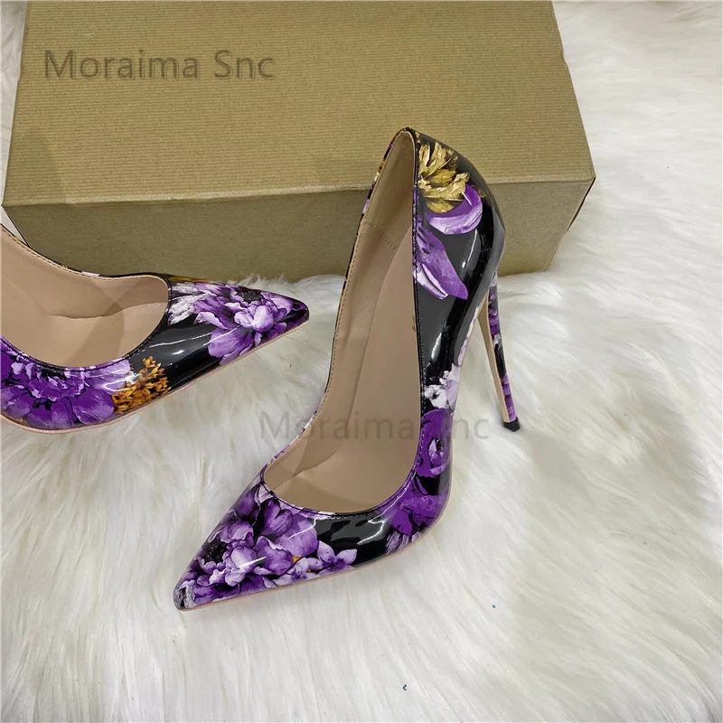 Purple Print Super High Heels Shoes for Women Pumps Flowers Pointed Toe Shallow Stiletto Wedding Party Shoes Female Spring