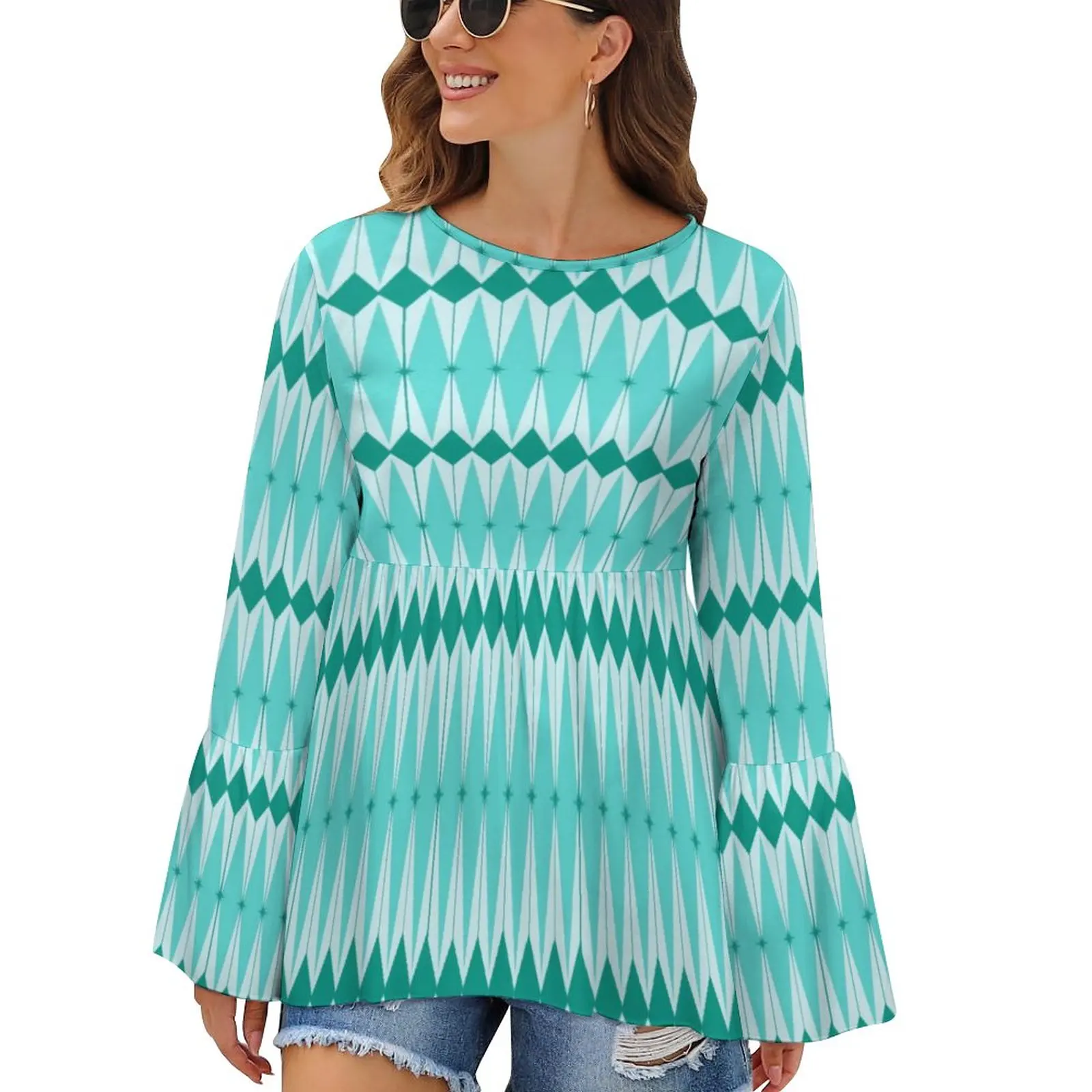 

Mid-Centu T-Shirts Geometric Diamonds Print Vintage T-Shirt Female Long Sleeve Street Style Tshirt Hot Sale Oversized Clothes