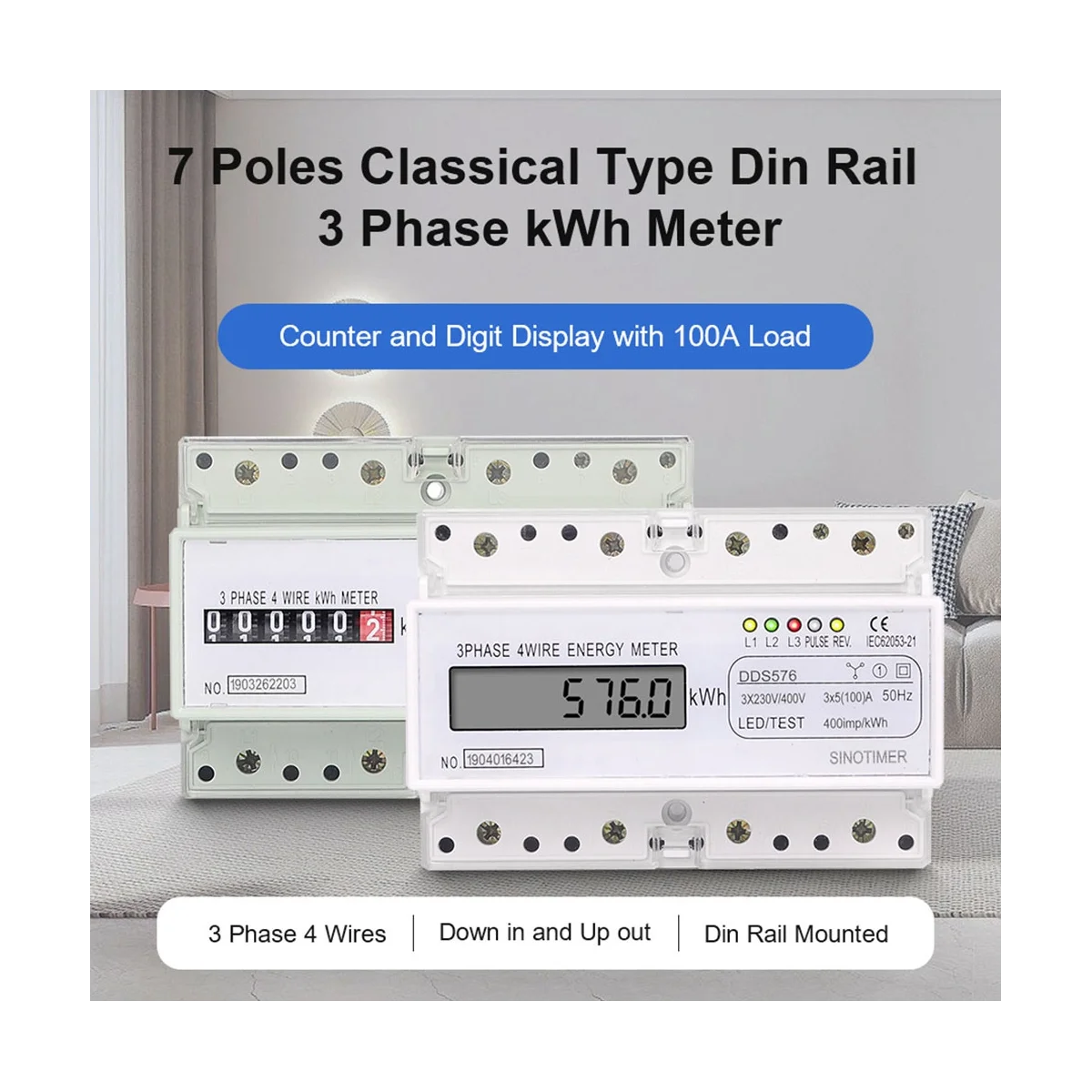 

Three Phase 4 Wires Digital Power Electric Electricity Meter KWh Power Consumption Monitor DIN Rail Mount AC 380V 400V A
