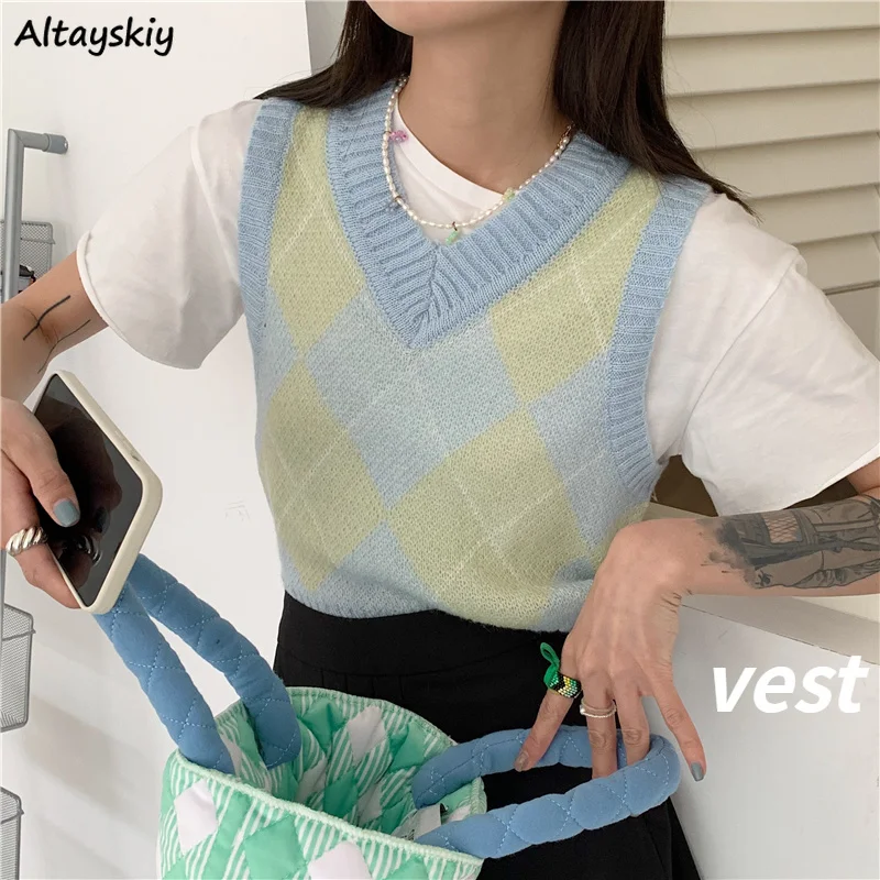 

Vests Women V-neck Argyle Preppy Style Casual Summer Sweet Girlish All-match Chic Students Cropped Femme Cozy Sleeveless Knitted