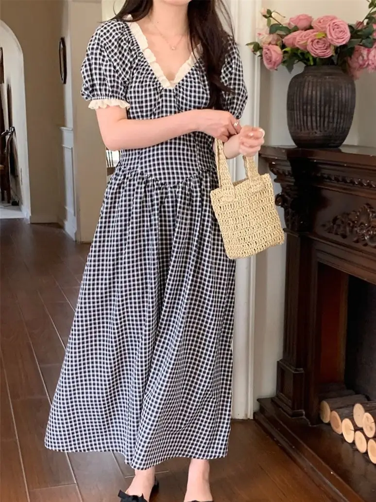 

Alien Kitty Princess Women Dress 2023 Summer Elegant Plaid Chic Slim A-Line Casual Vintage Office Lady Daily V-Neck Short Sleeve