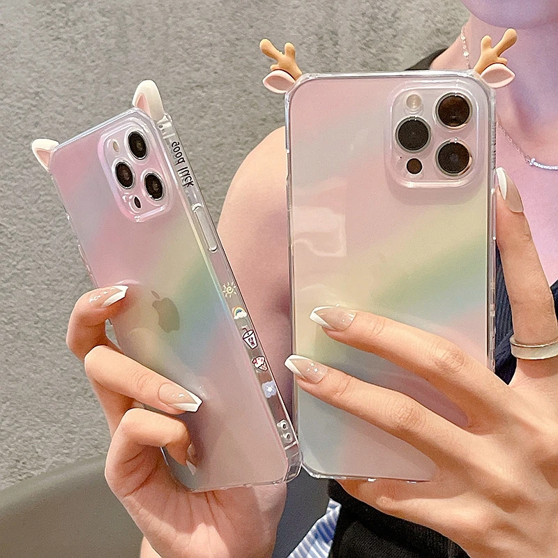 

Cute RainBow Animal ears Phone Case For iPhone 11 12 13 Pro Max XS X XR 7 8 Plus SE 2020 Mini Transparent Bumper Back Cover