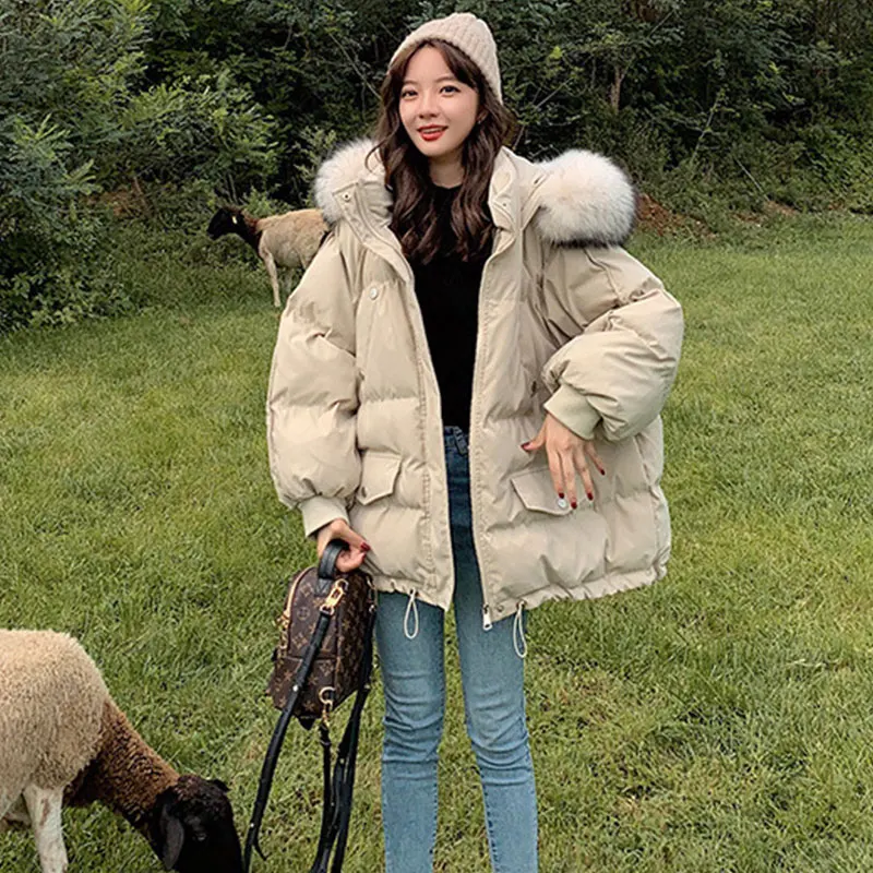 Oversize Cotton Jacket Women's 2022 Winter New Hooded Big Fur Collar Padded Jacket Solid White Black Parkas Coat Loose Outwear