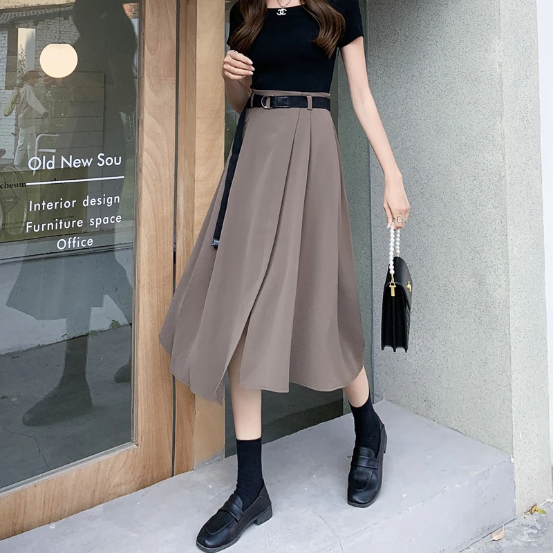 

High Waist Spring Pleated Skirts Women with Belt Korean Vintage Patchwork A-Line Long Skirt Office Lady Elegant Casual Y2K