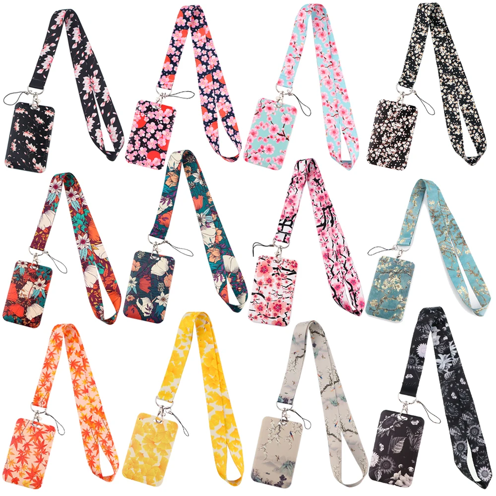 

YQ990 Cherry Blossoms Lanyard ID Card Holder Rose Flowers Neck Strap Art Painting Keychain Lariat Leaf Phone Strap Badge Holder