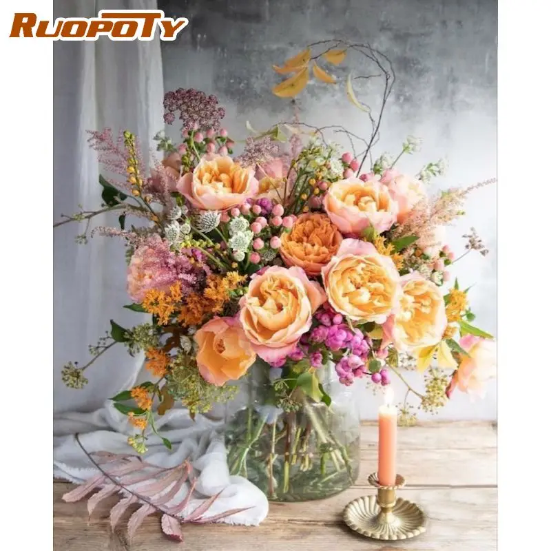

RUOPOTY Classic Painting By Numbers Flower Vase On The Table Handpainted Painting By Number Living Room Decor
