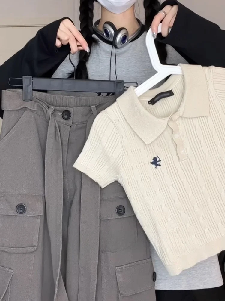 Женская Винтажная Футболка-поло с коротким рукавом и высокой талией