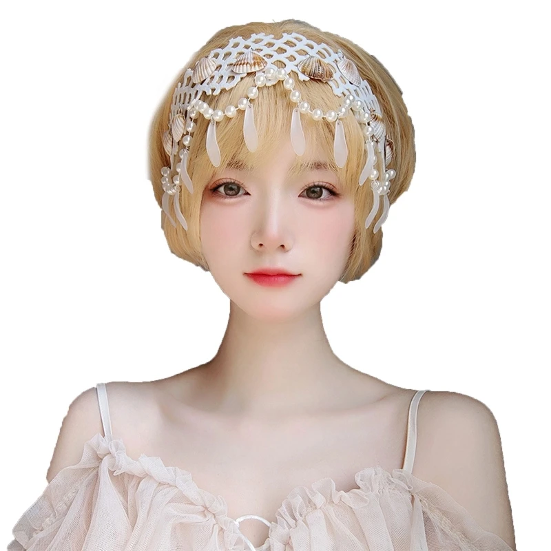 

Faux Pearls Shell Headband with Ribbon Beach Hairband Bridal Hair Hoop Elegant Wedding Headband Charming Photo Props