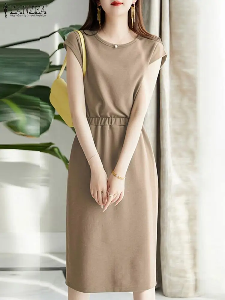 

Летние Элегантные платья ZANZEA, женское трикотажное платье с эластичной талией, модный сарафан без рукавов с круглым вырезом, женское платье, платья