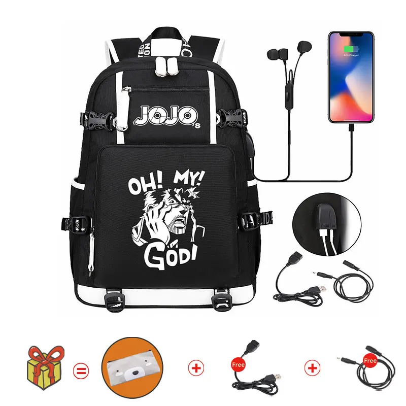 

Anime Backpack Black JoJo's Bizarre Adventur USB Port Backpack School Book Students Outdoor Shoulder Book Bag Rucksack Cosplay