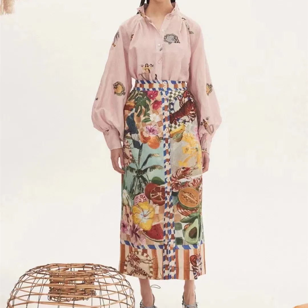 

Women Stand Collar Embroidery Pattern Long Sleeve Blouse Or Printed High Waist Long Skirt