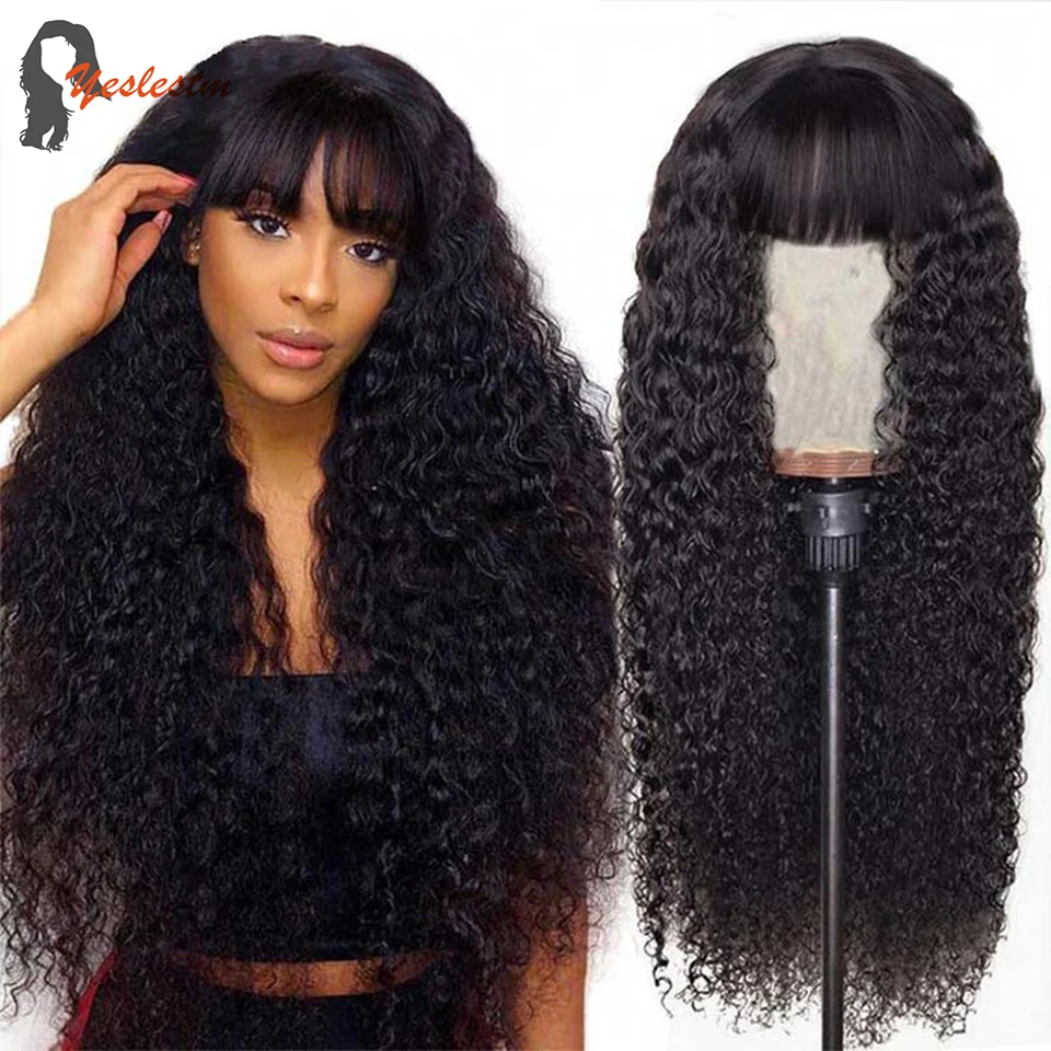 

Yeslestm Brazilian Jerry Curly Human Hair Wig With Bangs Full Machine Made Human Hair Wigs For Black Women 8-26 Remy Hair Wigs