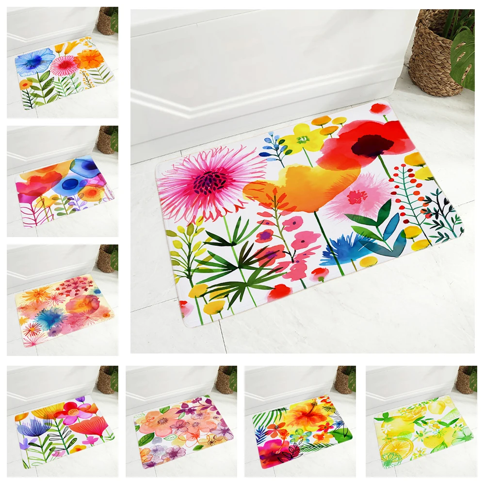 

Watercolor Flower Carpet Non-Slip Decor Floral Bird Colorful Plant Doormat Super Soft Flannel Floor Door Mat 40X60CM