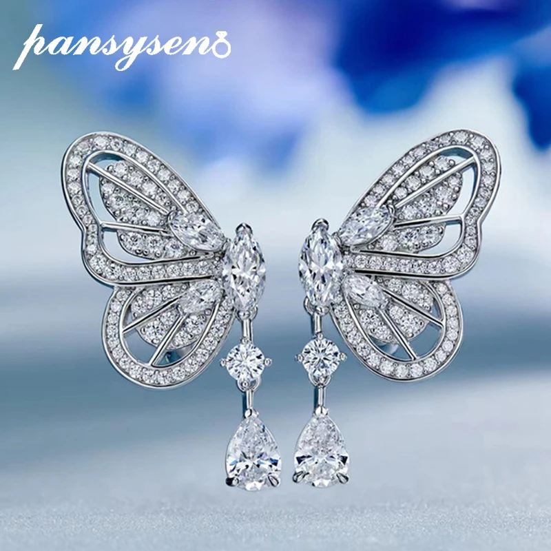 

Серьги-подвески PANSYSEN из серебра 925 пробы с имитацией муассанита и бриллиантами