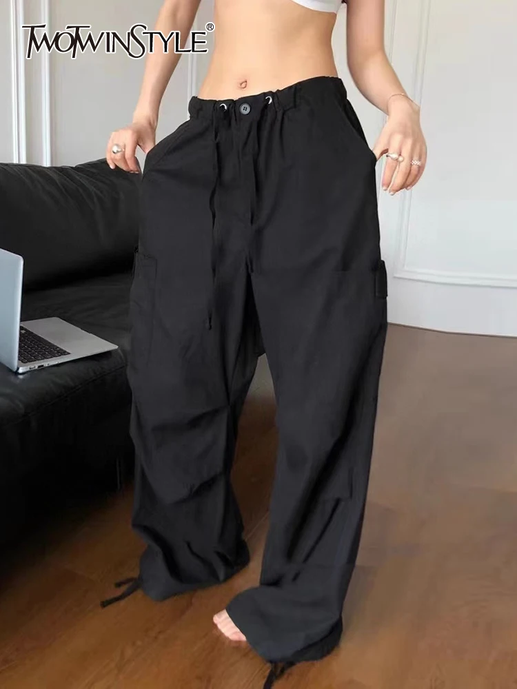

Женские широкие брюки TWOTWINSTYLE, черные свободные брюки с высокой талией и завязками на пуговицах, лето 2019