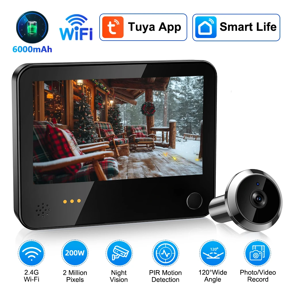 

Беспроводной дверной звонок Hollarm, умный дверной глазок, камера «кошачий глаз», Wi-Fi, камера видеонаблюдения, визуальный домофон, PIR, обнаружение движения