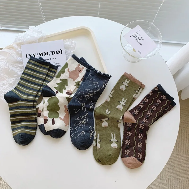 5 Pairs/Lot Women Long Socks Set Soft Combed Cotton Cute Socks Harajuku Japanese Korean Autumn Winter Cartoon Short Socks Sox