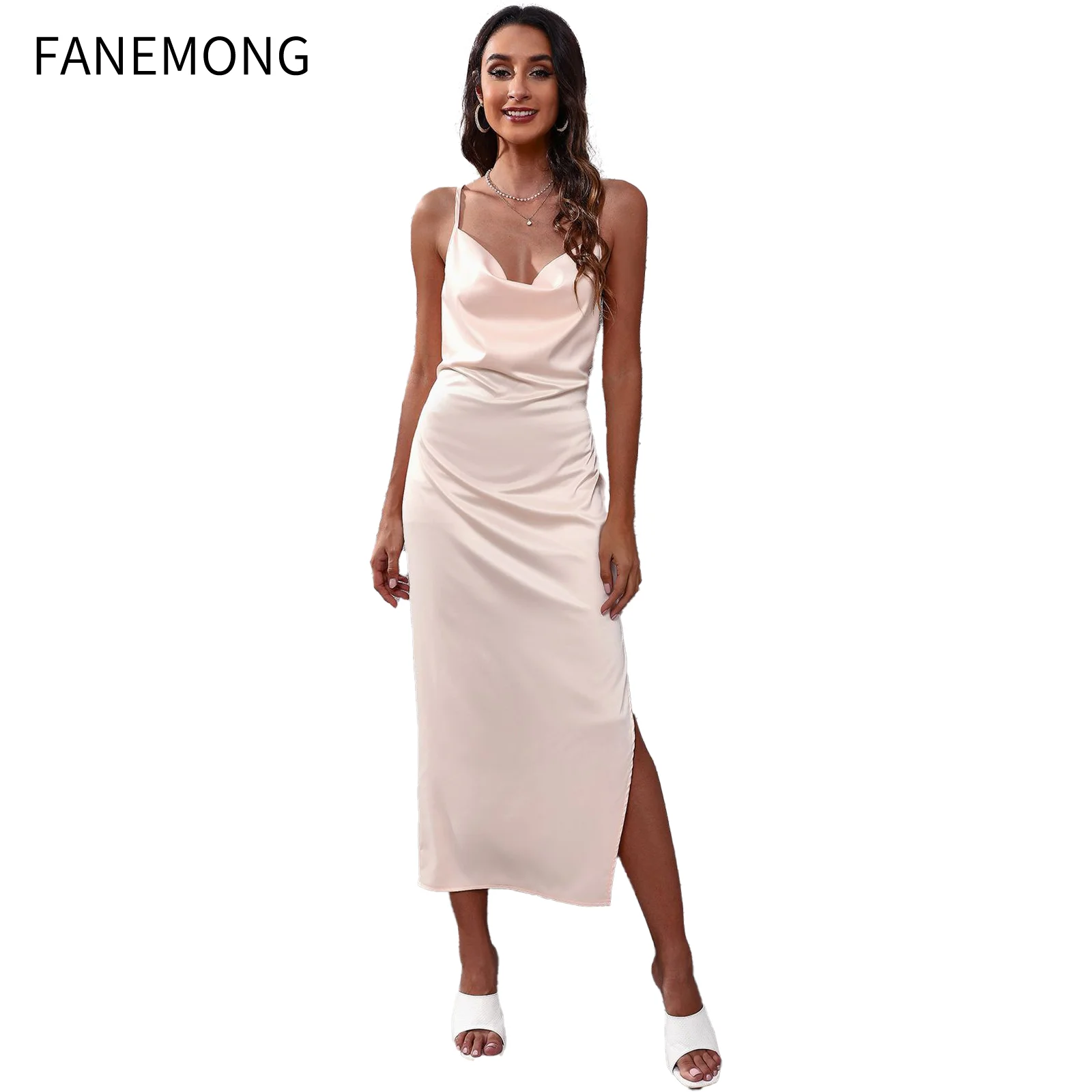 

Платье-макси для юбки, женское модное платье-комбинация 2022, атласное облегающее платье с разрезом и открытой спиной для коктейвечерние, нар...