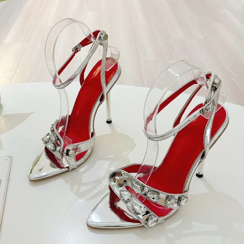 Фото Zomer Mode Gem Klinknagel Smalle Band vrouwen Metalen Thih Hoge Hakken Sandalen Sexy Puntige Open Teen Feestjurk schoenen 11 см №4