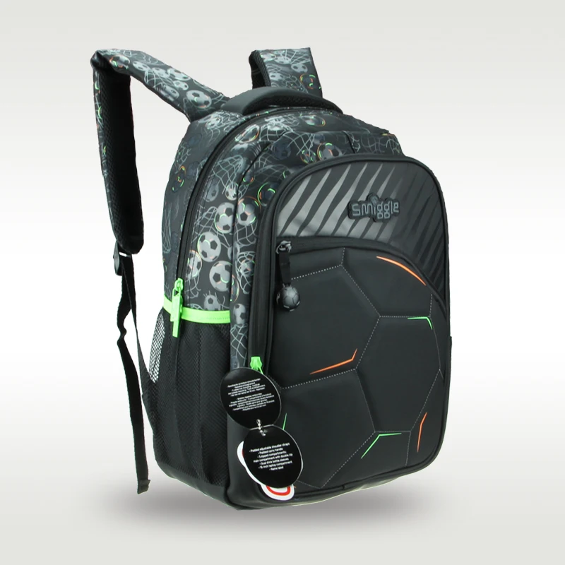 Australia Original Smiggle Children's Schoolbag Boys Primary School Backpack Black Football PU Waterproof Korean 7-12 Years 16L