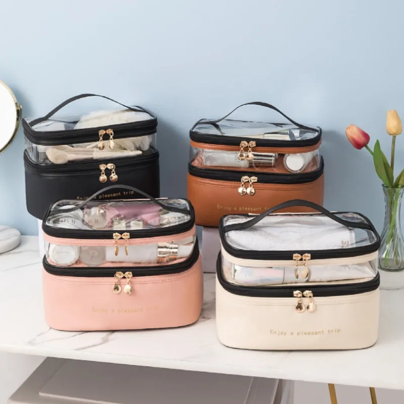 

Double PVC Cosmetic Bag Solid Color PU Transparent Toiletry Storage Bag Fashion Waterproof Travel Portable Storage Handbag