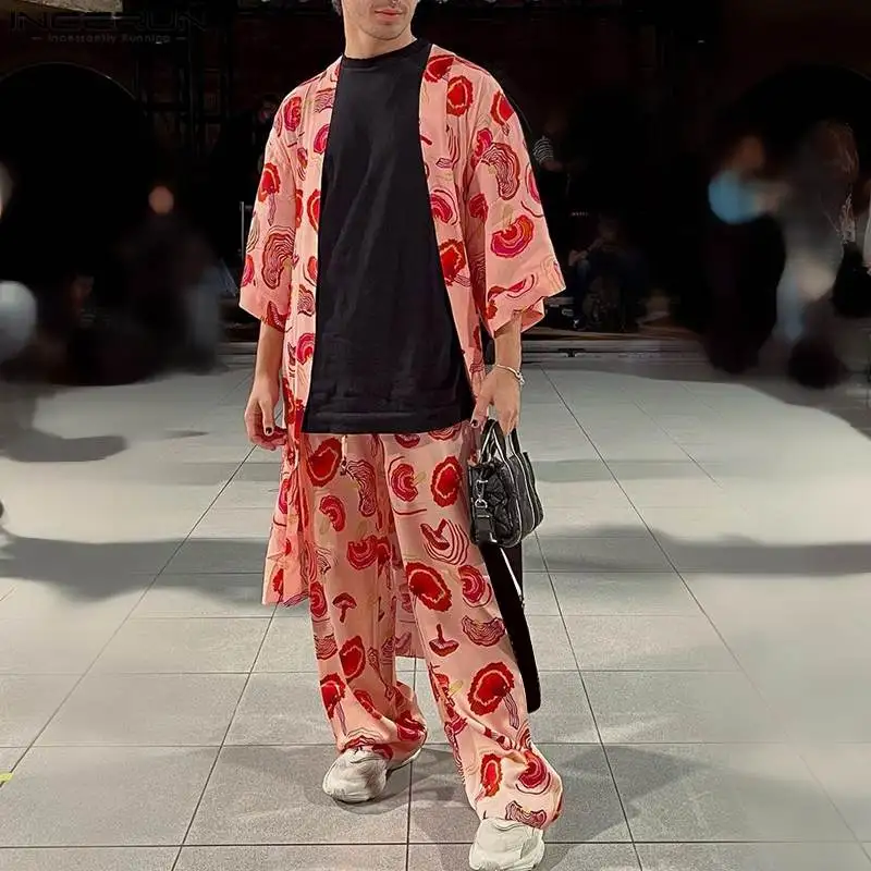 

INCERUN 2023 American Style Men's Sets Short Sleeved Cardigan Tops Long Pants Fashion Male Circle Printing Two-piece Sets S-5XL