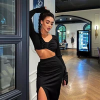 two piece set women ribbed dress elastic long sleeves crop top high waist split midi skirt 2022 fall party club outfits