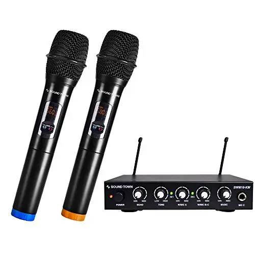 UHF 16 Channels Karaoke Wireless Microphone System with Metal Mixer, 2 Handheld Microphones,  Church, School, Wedding, Meeting, enlarge