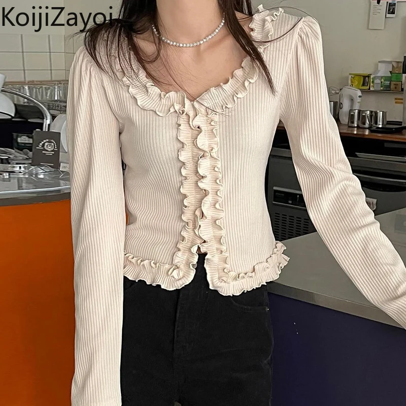 

Koijizayoi Fungus Women Knitted Cardigan Solid Slim Lady O Neck Single Breasted Cropped Kardign Spring Autumn Elegant Cardigans