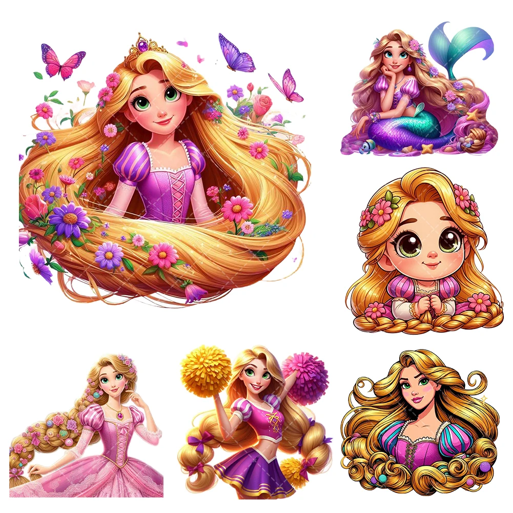 Disney Rapunzel Princess Iron On Heat Transfer Stickers For Clothes DTF Pinted Vinyl Thermal Appliques Washable T-Shirt Decal
