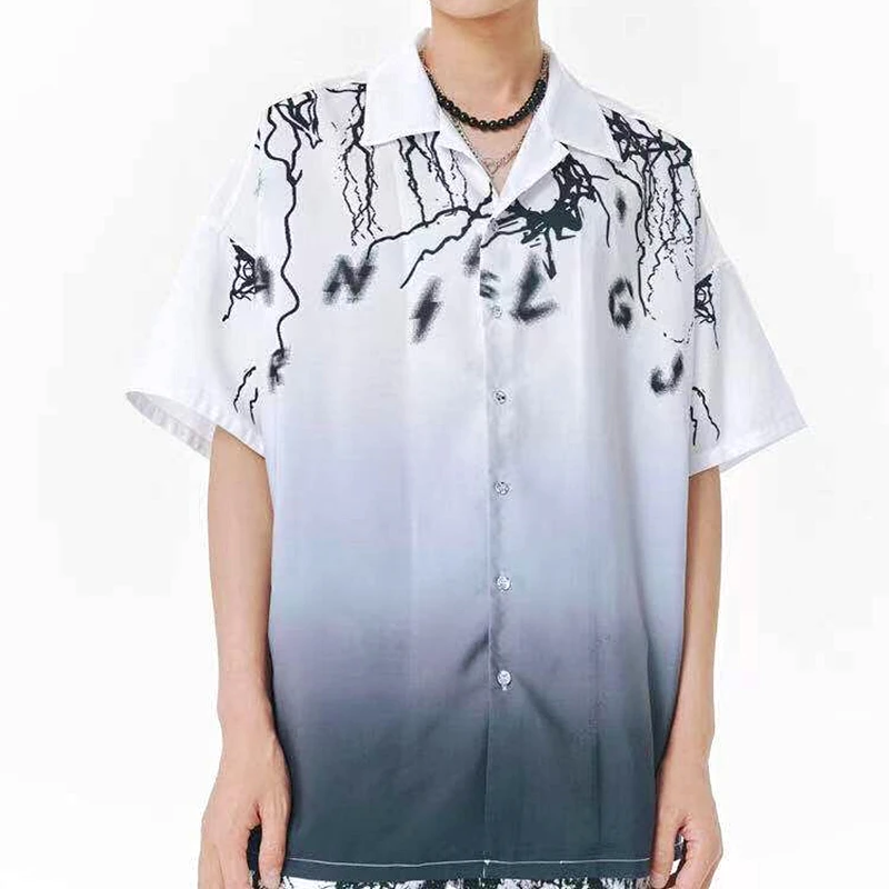 

High Street Lightning Tie Dye Gradient Button Up Shirt Men Women Fashion Summer Beach Hawaii Loose Tops Short Sleeve Large 2XL