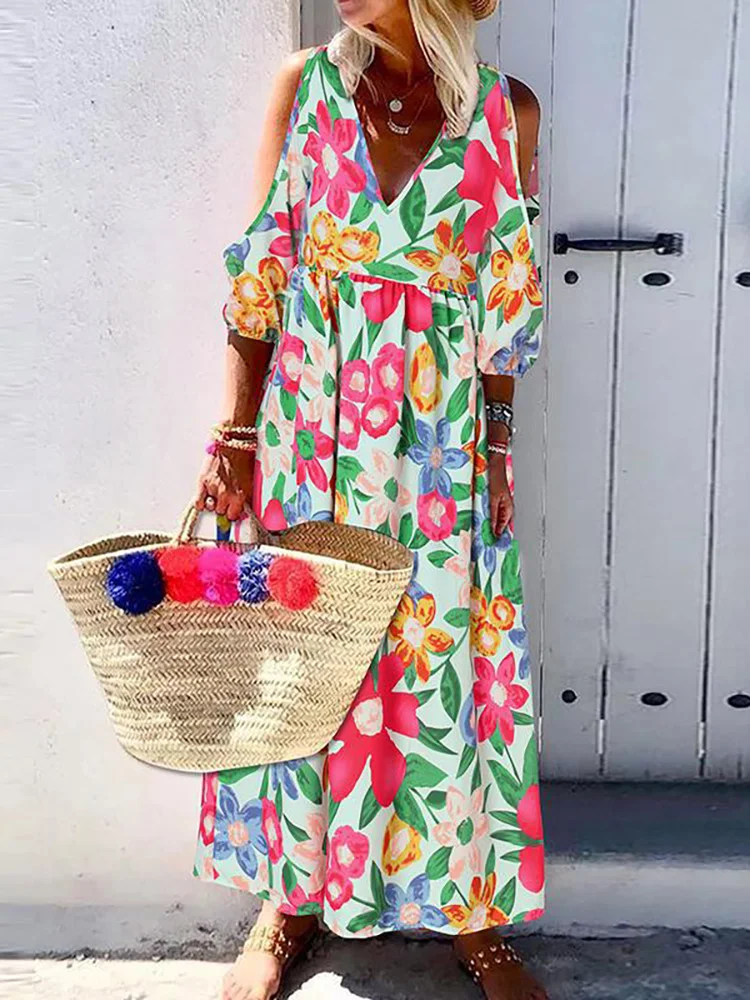 

Hollow Out Maxi Dress Women Summer Printing Deep V-Neck Three Quarter Sleeve Ladies Party Dress Vintage Streetwear