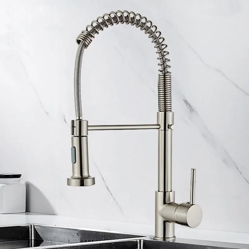 

Black/Brushed Nickel Brass Kitchen Faucet Pull Out Spring Spout Mixer Tap Single Handle Hot and Cold Waterfall Faucet