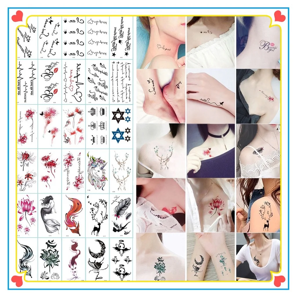 

30Pcs/Set Temporary Tattoo Stickers Butterfly Flowers English Face Hand Body Art Waterproof Fake Tattoos Tatouage Temporaire