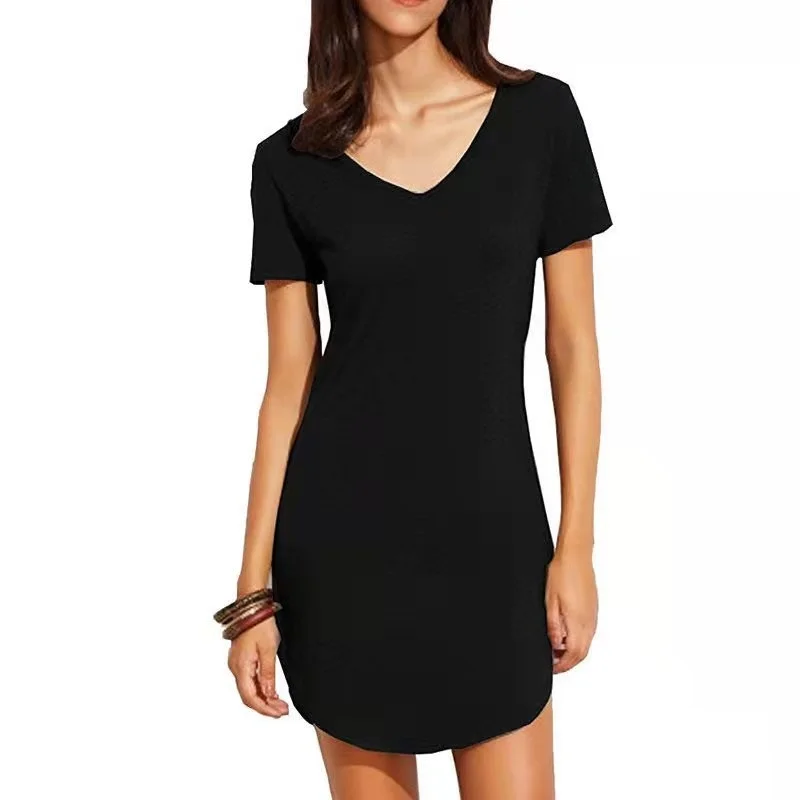 

2022 new women's short sleeved V-neck solid loose dress