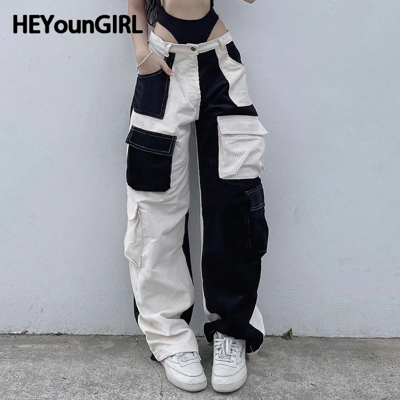 

Уличные вельветовые брюки HEYounGIRL в Корейском стиле Y2K с карманами и высокой талией, спортивные брюки-карго в стиле пэчворк, весенняя одежда, модные Джоггеры в стиле хип-хоп