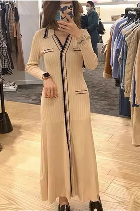 

Ladies Slim Fit Patchwork Polo Collar Single Breasted Maxi Knitted Dress